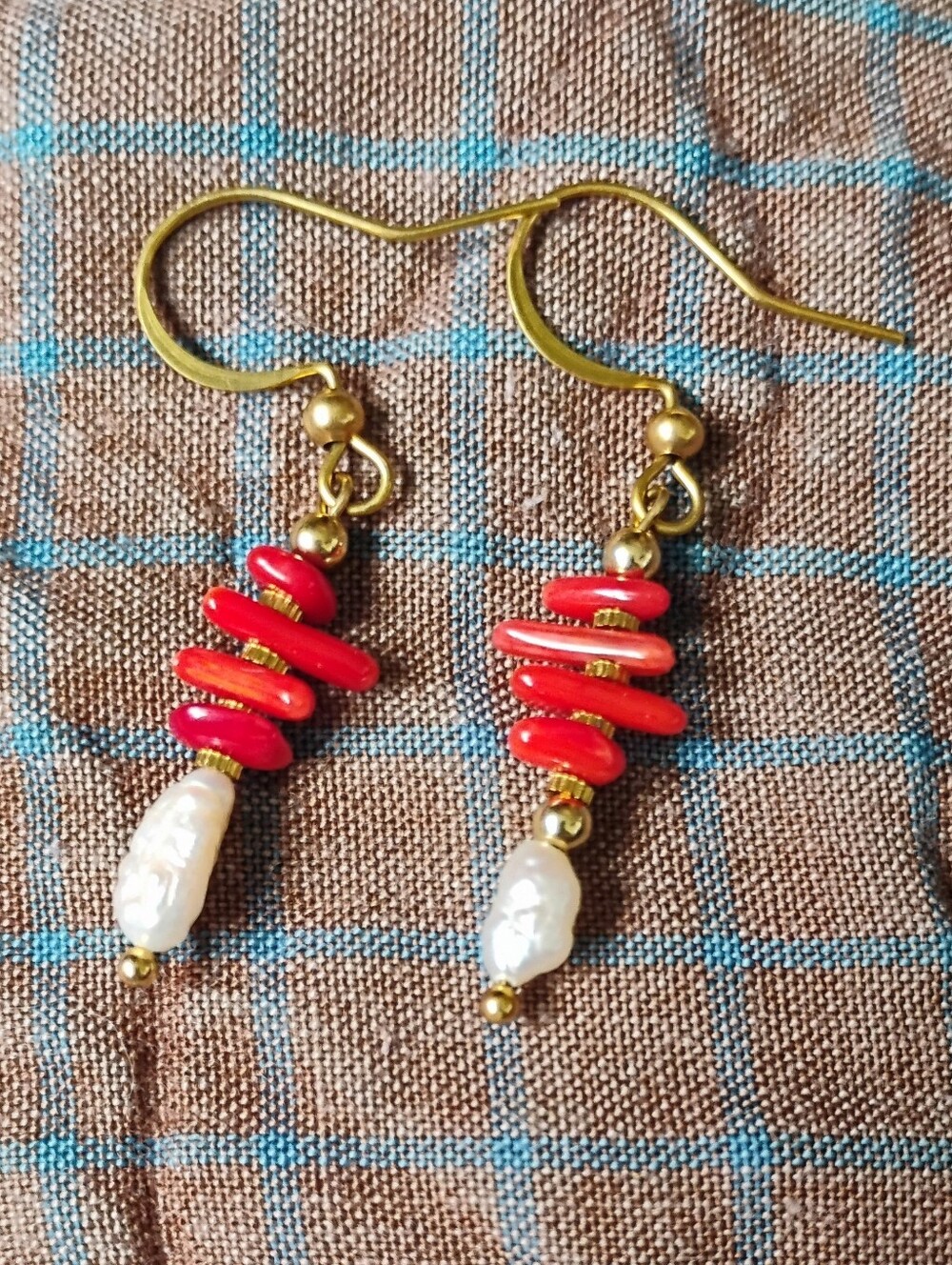 Dainty Handmade Red Coral & Pearl Dangle Earrings